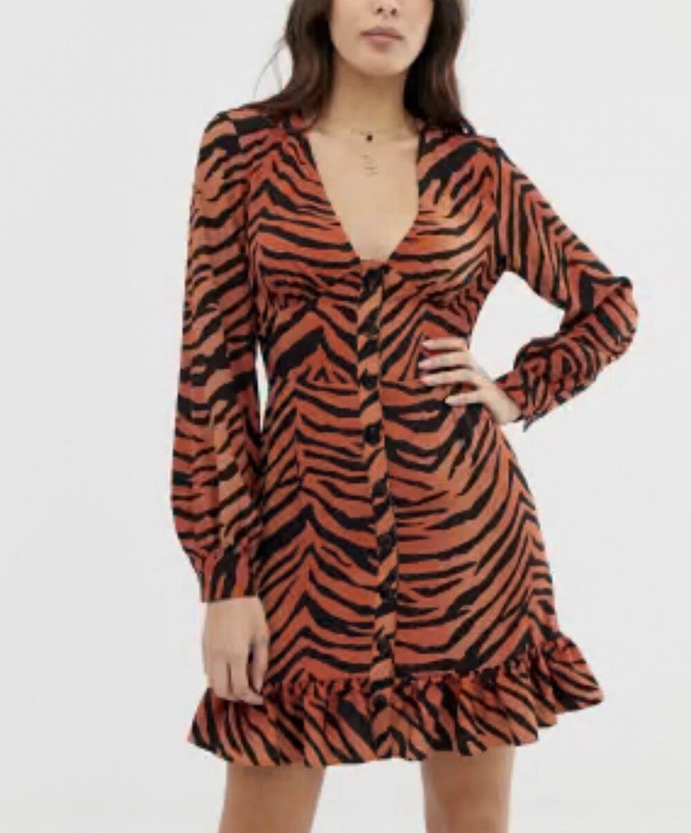 ASOS Design Tiger Print Button Down Long Sleeve Ruffled Hem Mini Dress Size US 8